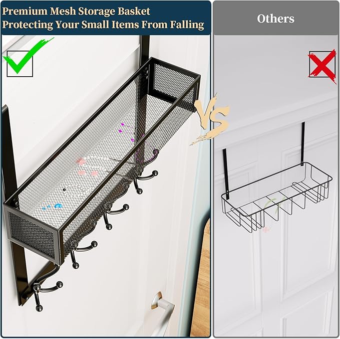 Consumest Over The Door Hooks Organizer - Over Door Hanger with 16 Hooks & 2 Baskets for Hanging Coat, Clothing, Towel, Back Storage for Bathroom, Closet, College Dorm, Black