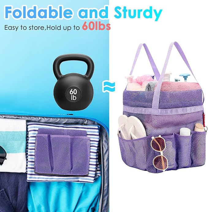 Mesh Shower Caddy Portable with Drawstring, Dorm Room Essentials for College Girls Guys, 8-Pocket Large Shower Bag Basket Tote for Camping Beach Gym Travel Toiletry Bathroom