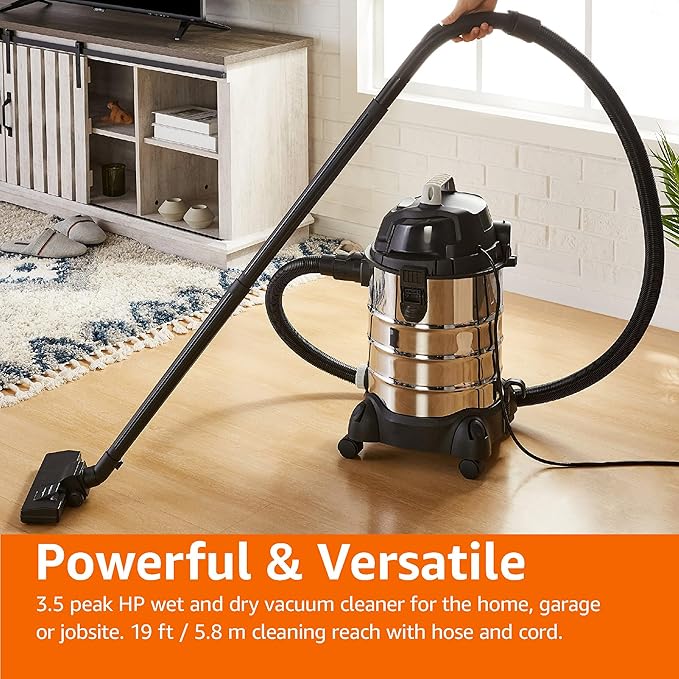 Amazon Basics Wet Dry Vacuum Cleaner, 6 gallon Shop, 3.5 HP Stainless Steel, Grey/Black