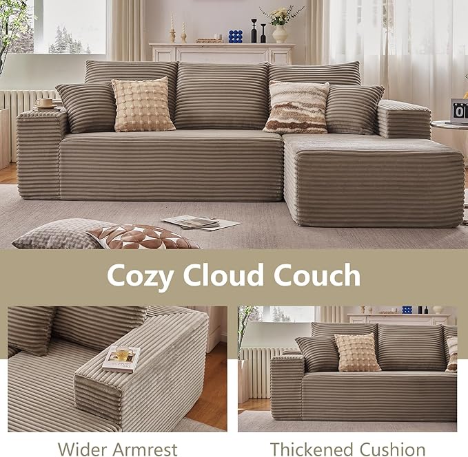107" Cloud Sectional Couch with L-Shape Chaise, Modern Modular Comfy Sofa Chaise Longue, Upholstered Corduroy Couches Sleeper with Deep Seat for Living Room Bedroom, No Assembly Required, Camel