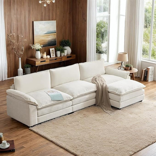 VINGLI 122" Cloud Double-Layer Deep Convertible Sectional Sofa, Comfy L-Shape 3-Seat Couches for Living Room, Modern Couch with Movable Ottoman for Small Space, White/Cream Chenille