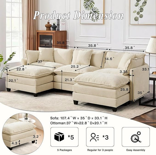 SoarFlash 113.78" Chenille Sectional Sofa, Comfy U Shaped Modular Coush Sofa with Ottoman, Modern 4 Seat Couch Deep Seat Sofa Set for Living Room,Beige