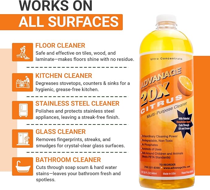 Advanage 20X Household Cleaner Concentrate Refill, 32 oz | Citrus All Purpose Cleaner | Multi Surface Dilute for Floors, Carpets, Glass, Counters, Appliances, and General Home Cleaning, USA Made