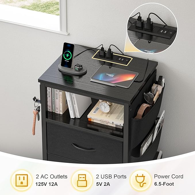 EnHomee Black Nightstand Set of 2,Night Stand with Charging Station & LED, Bedside Table with Fabric Drawers and Storage Shelf, Sturdy Steel Frame, Wood Top, Cloth Bags, Hooks, Black