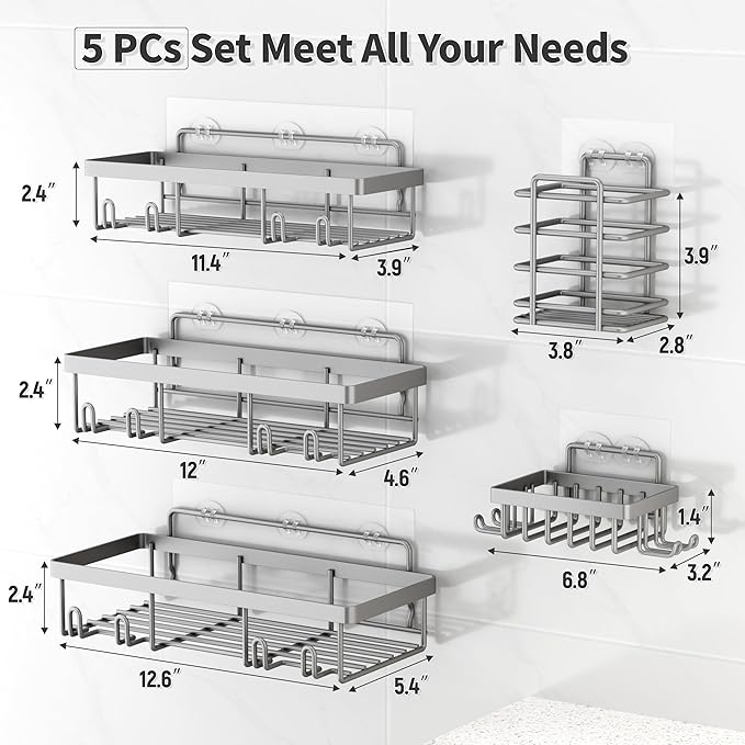 5 Pack Shower Caddy Organizer Rack Shelf for Inside Shower, Self Adhesive Bathroom Wall Storage Basket Rustproof Stainless Steel Large Capacity Shampoo Holder, Grey