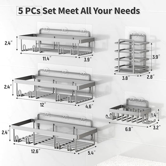 5 Pack Shower Caddy Organizer Rack Shelf for Inside Shower, Self Adhesive Bathroom Wall Storage Basket Rustproof Stainless Steel Large Capacity Shampoo Holder, Grey