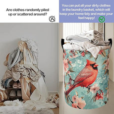 Vintage Cardinal Bird Laundry Basket, Flowers Oxford Cloth Laundry Hamper With Handle Foldable Portable Clothes Storage Basket Storage Bag For Laundry Room/Bathroom/Bedroom/Dormitories
