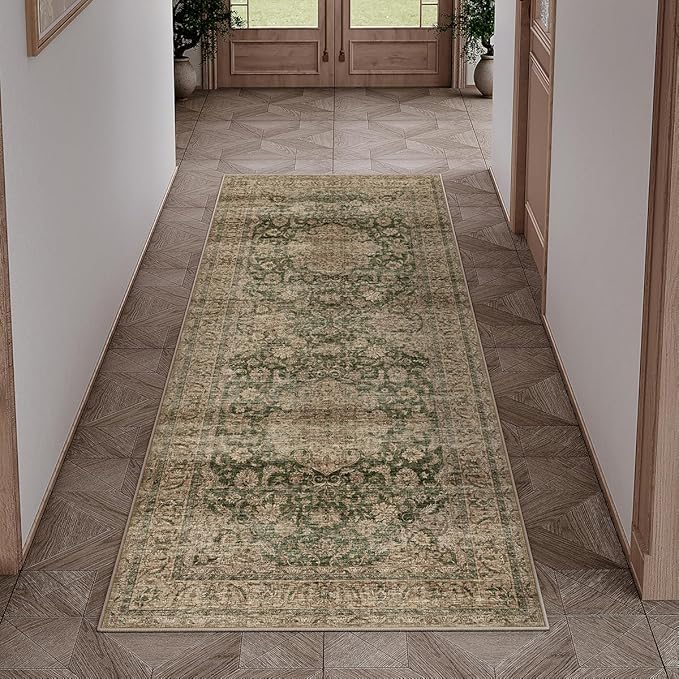 2x5 Washable Vintage Runner Rug Green Brown Hallway Kitchen Carpet Non-Slip Soft Low Pile Distressed Throw Rug for Bedroom Bathroom Laundry Living Room