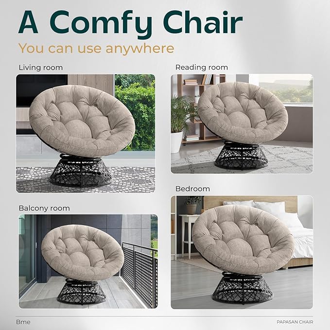 Bme 40" Ergonomic Wicker Papasan Chair with Soft Thick Cushion & Frame, 360° Swivel Papasan Chair, Circle Chair, Reading Chair, Chair for Living Room, Bedroom, Silver Cloud - Black Frame