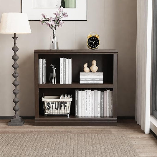 blini 2-Shelf Bookcase Wooden Bookshelves 33in Wide Floor Standing Display Storage Shelves Oak Bookcase for Home Office, Living Room, Bed Room