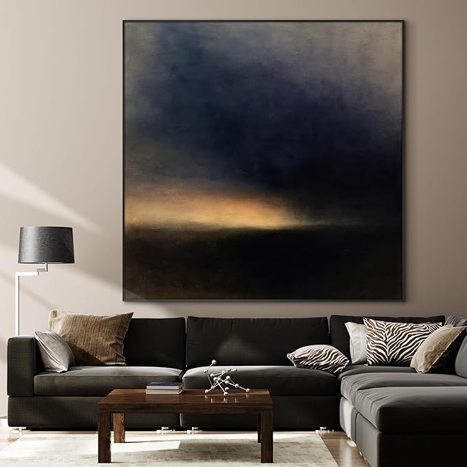 46"x46" XL Framed Wall Art - Moody Abstract Landscape Dark Blue and Golden Horizon Minimalist Foggy Forest Tranquil (Frame Assembly Required)