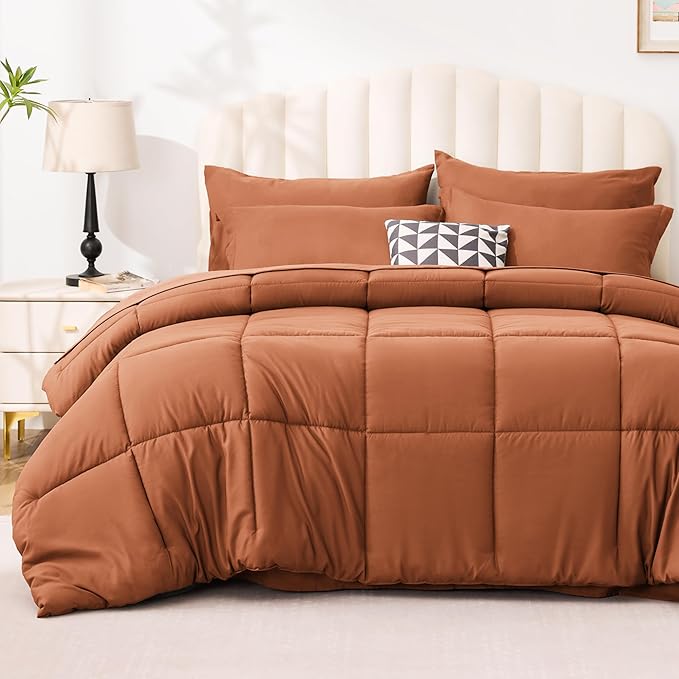 Love's cabin Full Comforter Set Burnt Orange, 7 Pieces Full Bed in a Bag, All Season Bedding Sets with 1 Comforter, 1 Flat Sheet, 1 Fitted Sheet, 2 Pillowcase and 2 Pillow Sham