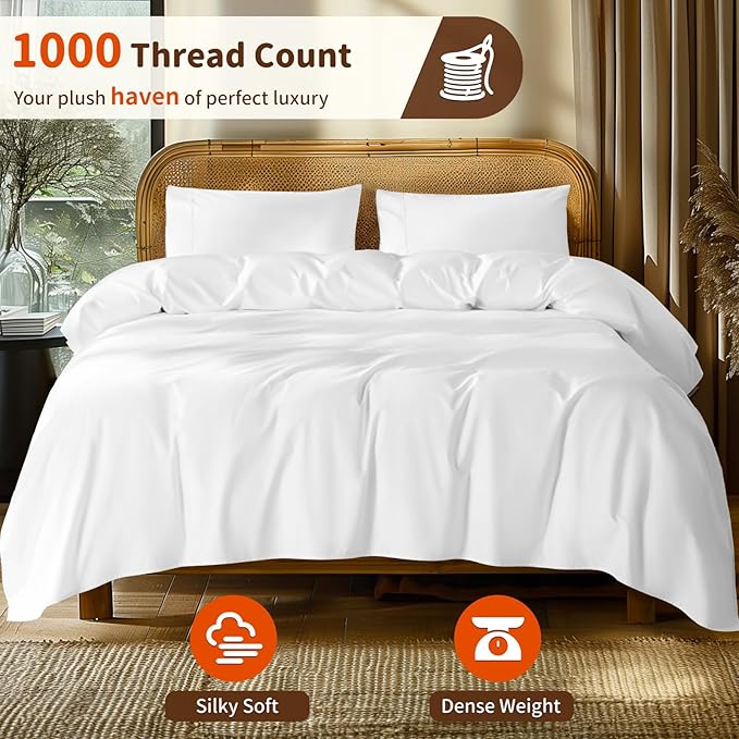 LBRO2M 100% Egyptian Cotton Sheets Set 1000 Thread Count,Queen Size Bed Sheet 4 Piece Sets,Long Staple,16 Inches Deep Pocket,All Season,Bedding Super Soft Breathable,Sateen Weave(White) LBRO2MBedding