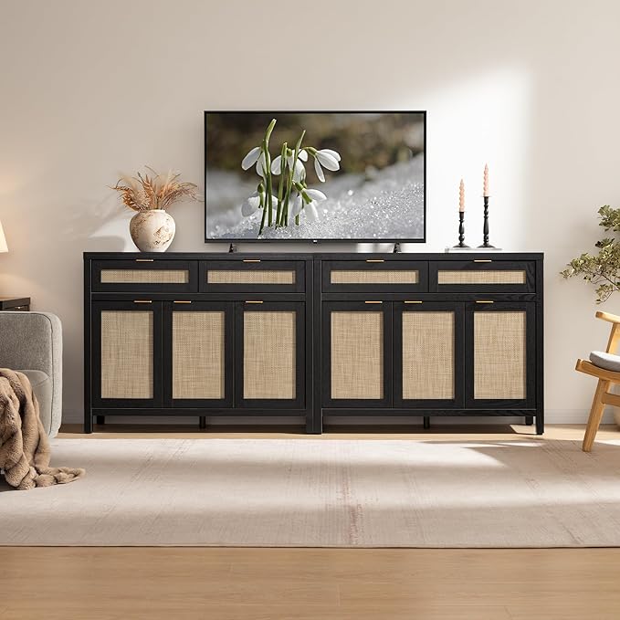 SICOTAS Rattan Sideboard Buffet Cabinet with Storage, Boho Credenza Accent Cabinet with 3 Doors and 2 Drawers, Farmhouse Console Coffee Bar Cabinets for Kitchen Living Room Entryway, Black Oak, 2 PCS