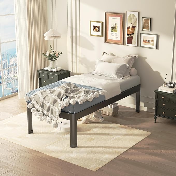 Twin Bed Frame with Round Corner Edge Legs, 14 Inch High 3500 lbs Heavy Duty Metal Platform Bed Frame Twin Size, No Box Spring Needed/Noise Free/Non-Slip/Steel Slat Support