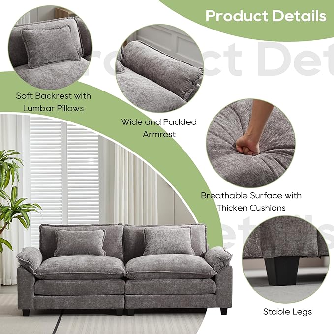 86" Modular Sectional Sofa, Comfy Cloud Couch Sectional Sofa with Ottoman, Chenille Sofa Sleeper Deep Seat Sofa with Throw Pillows for Living Room (Light Gray, 86"- Loveseat)