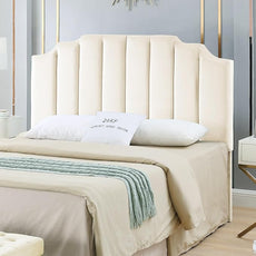 24KF Cream Velvet Tufted Queen Upholstered Headboard, Modern Vertical Channel Design California Queen/Full Headboard with Stepped Silhouette Top Edge,Cream