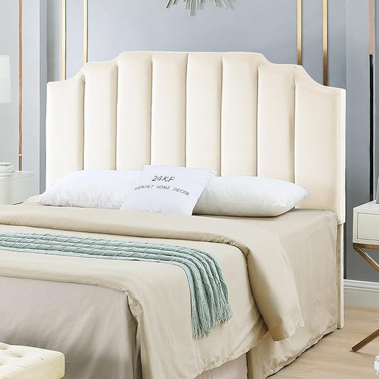 24KF Cream Velvet Tufted Queen Upholstered Headboard, Modern Vertical Channel Design California Queen/Full Headboard with Stepped Silhouette Top Edge,Cream
