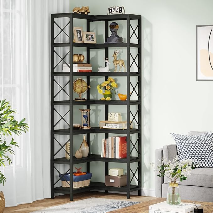 Tribesigns 7-Shelf Corner Bookshelf,Large Modern Corner Bookcase, 7-Tier Tall Corner Shelf Storage Display Rack with Metal Frame for Living Room Home Office (Black)