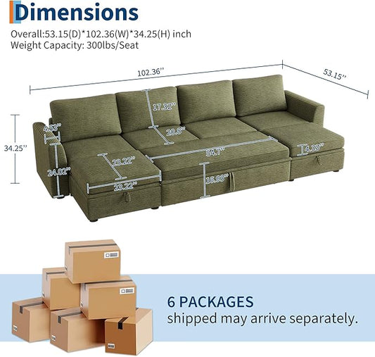 GarveeHome Sectional Sleeper Sofa with Pull Out Bed, Corduroy Modular Sectional 6 Seat Couch with Pull Out Couch and Storage Seat & 2 Ottomans, Convertible Couches for Living Room