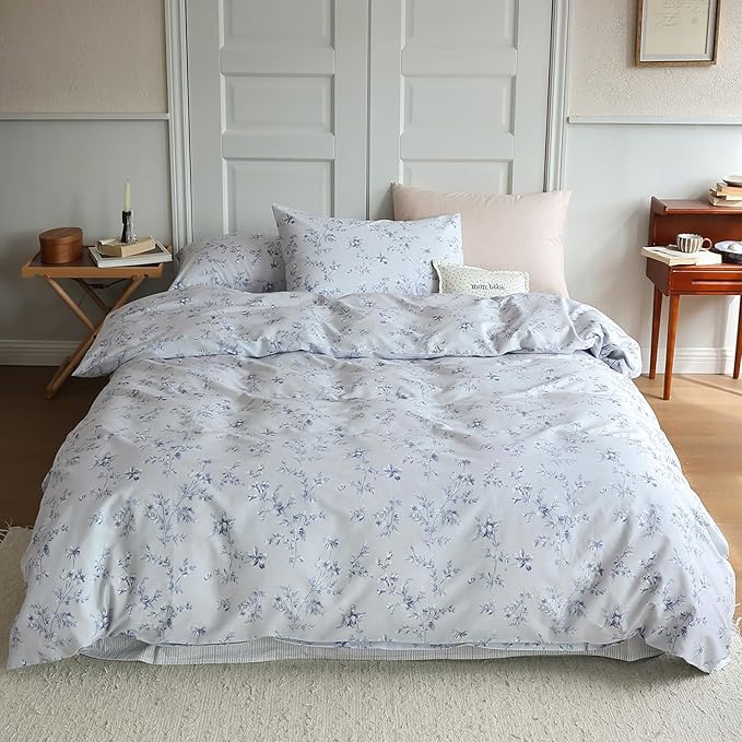 HighBuy Vintage Floral King Duvet Cover Blue Floral Duvet Cover 100% Cotton Garden Boho Flower Comforter Cover King Luxury Girls Bedding Set King Chic Flower Cottagecore Bedding Set for Men Women