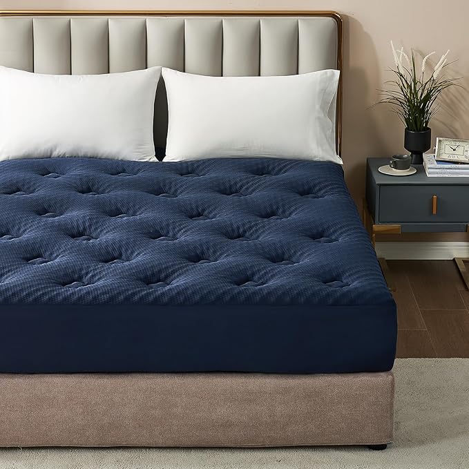 Hansleep Full Size Mattress Topper Viscose Derived from Bamboo, Memory Foam Pillow Top Mattress Topper Full with Deep Pocket, Breathable Mattress Pad for Back Pain Relief, 54" x75", Navy Blue