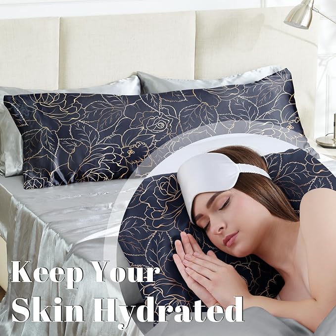 EXQ Home Satin Body Pillowcase for Hair and Skin- Rose on Blue Silk Long Pillowcase 20x54 inches - Satin Pillow Cases with Envelope Closure, Gifts for Women