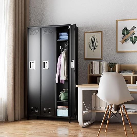 Aobabo Metal Lockers for Employees, 3 Doors Storage Locker with 9 Hooks for Office Home, Black, Assembly Required