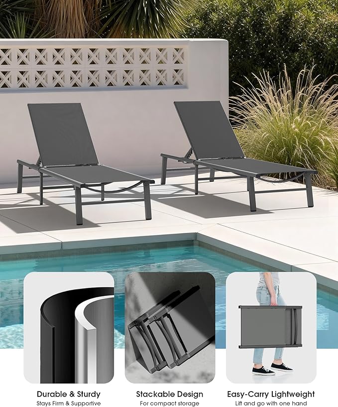 Ciokea Upgraded Aluminum Outdoor Lounge Chair - No Assembly Needed, Foldable Patio Chaise Lounge with 5 Adjustable Positions, Reinforced Frame for Extra Durability, Pool Beach Lounge Chair, Grey