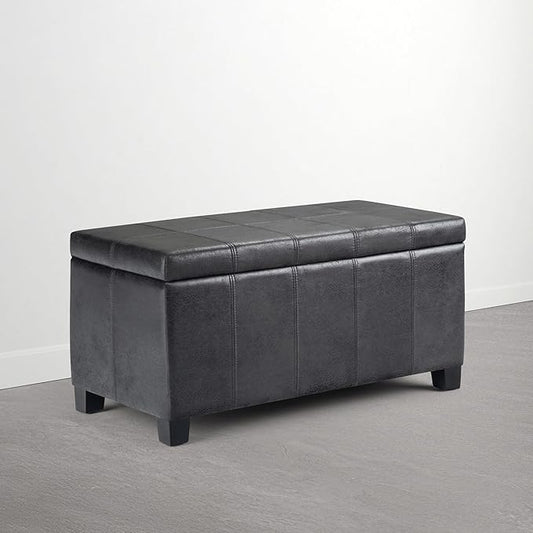 SIMPLIHOME Dover Storage Ottoman Bench - 36 inch Wide Upholstered Vegan Leather Rectangle Storage Ottoman Bench in Distressed Graphite Black, Contemporary Ottoman for Living Room with Lift-Up Lid