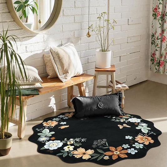 Lahome Floral Round Area Rugs, Washable Small Round Rug 3ft Non-Slip, Soft Boho Ultra-Thin Circle Carpet for Bedroom Entryway Kitchen Laundry Bathroom, Black/Grey