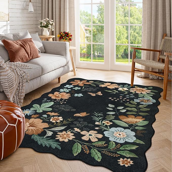 Lahome Floral Washable Rugs for Bedroom, 4X6 Living Room Rug Ultra-Thin, Non-Slip Soft Stain Resistant Boho Throw Carpet for ‎Office Entryway Dining Room (4x6ft,Black/Grey)