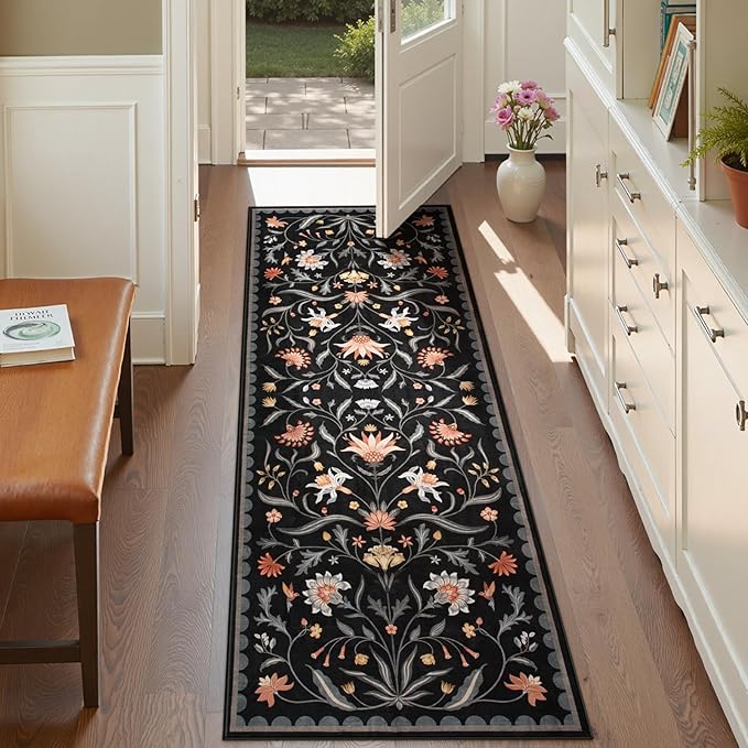 Lahome Boho Floral 2x6 Rug Runners for Hallways Non Slip, Black Kitchen Runner Rugs Non Skid Washable Bathroom Carpet Runner, Soft Non-Slip Runners for Entryway Laundry(Black,2x6)