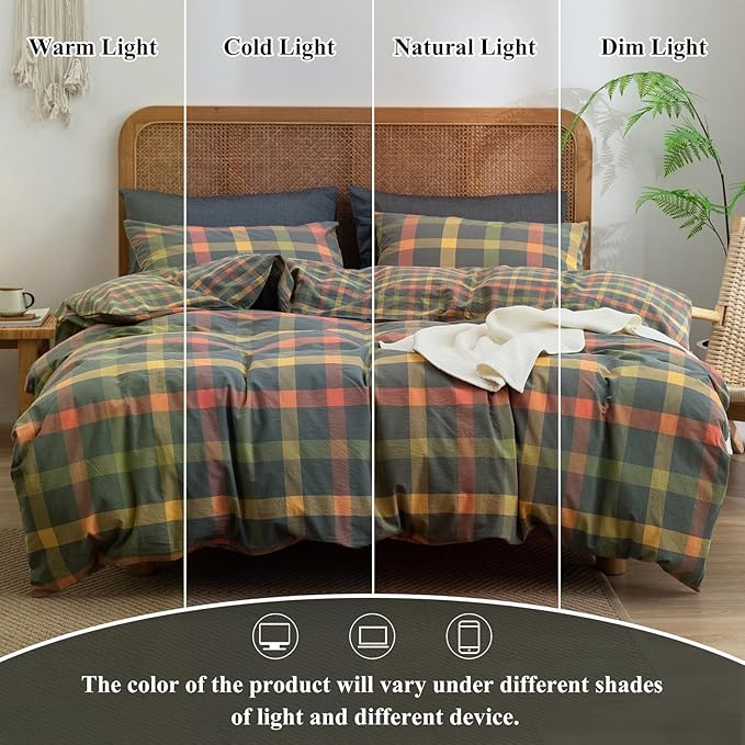 VM VOUGEMARKET Washed Cotton Bedding Set King Colorful Plaid Duvet Cover Set 3 Pieces Orange Grey Green Grid Duvet Cover with Zipper Ties for Men Women-104x90 Inch