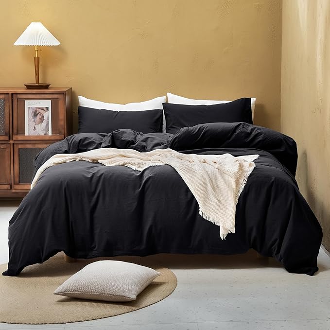 FOSSA Duvet Cover Set 100% Washed Cotton Linen Feel Super Soft Breathable Cozy 3 Pieces Bedding Sets Solid Black Super King Plus