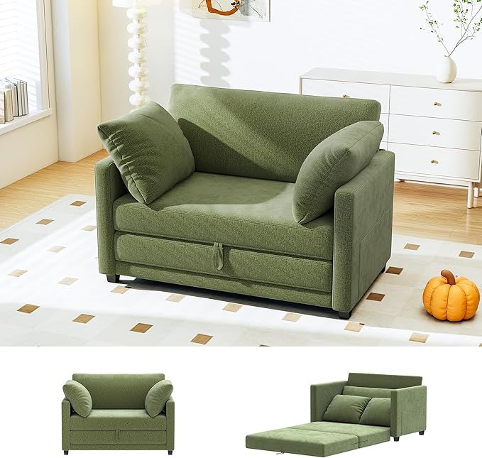 51" Convertible Loveseat Sofa Bed, 2 in1 Folding Sofa Bed, Loveseat Sleeper Sofa for Small Spaces, Fold Out Floor Couch with 2 Pillows for Apartment, Living Room & Guest Room, Green Chenille Fabric