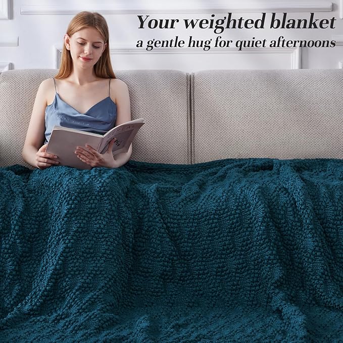 Knitted Weighted Blanket for Adult, Chunky Knit Weighted Throw for Sleep 48"*72" 15lbs, Cooling Breathable Heavy Blanket for Hot Sleepers, Machine Washable Blanket for Room Decor(Peacock)