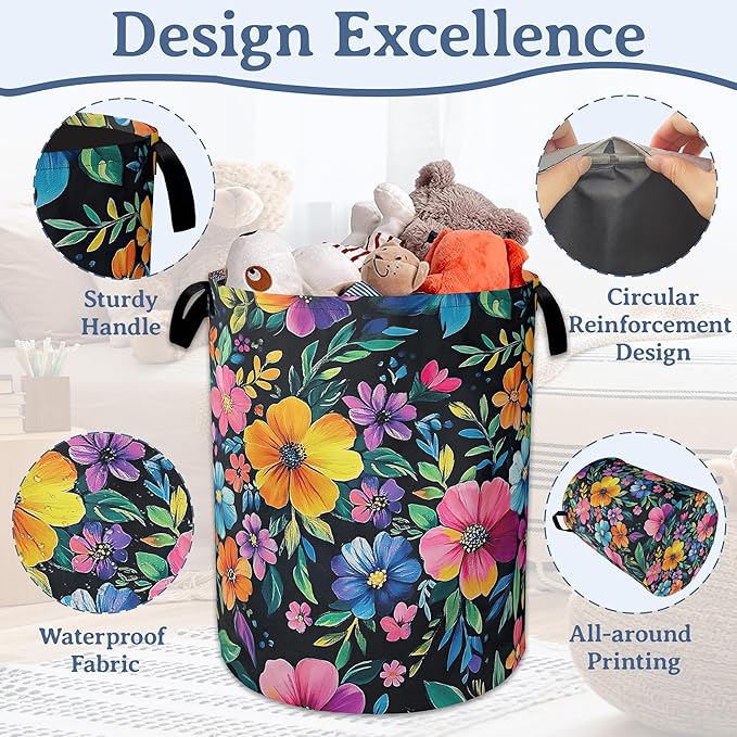 Vintage Spring Floral Laundry Hamper With Handle,Foldable Oxford Cloth Laundry Basket,20.8"x16" Clothes Storage Basket for Laundry Room/Bedroom/Bathroom