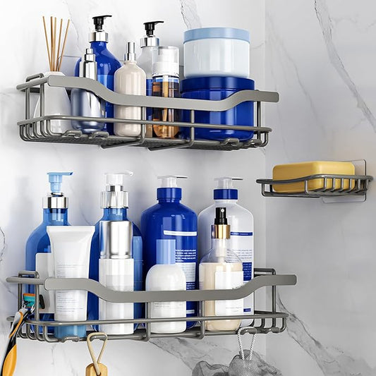 OMAIRA 3-Pack Shower Caddy with Soap Holder, Adhesive Rustproof No-drill Strudy Loading Inside Shower Organizer Shelves Rack Storage Bathroom Organization for Smooth Wall Glass Tile, Grey (X-Large)