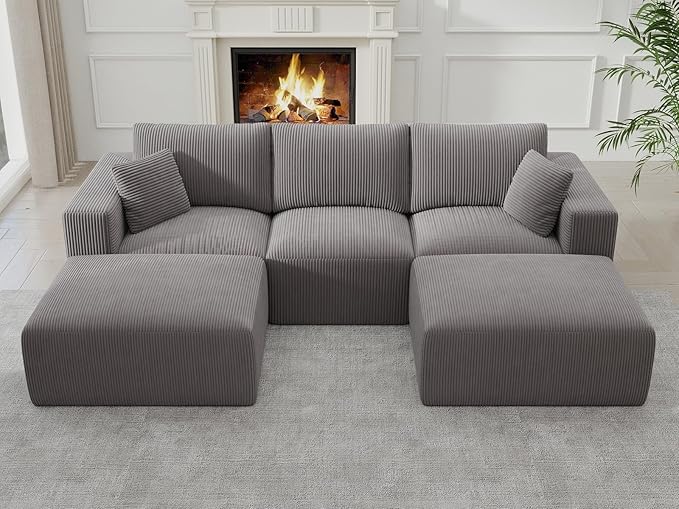 Modular Sectional Sleeper Sofa Couches for Living Room - Modern 110" U-Shaped Boneless Cloud Couch - Easy Assembly, Grey Cozy Corduroy Convertible Full Sponge Compression Sofas for House, Apartment