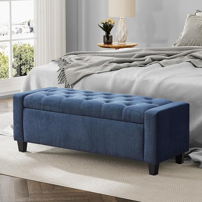 Ottoman with Storage, 48.8" Fabric Storage Ottoman Bench with Hinge, Bedroom Bench, Upholstered Benches with Seating for Living Room, Entryway (Dark Blue)