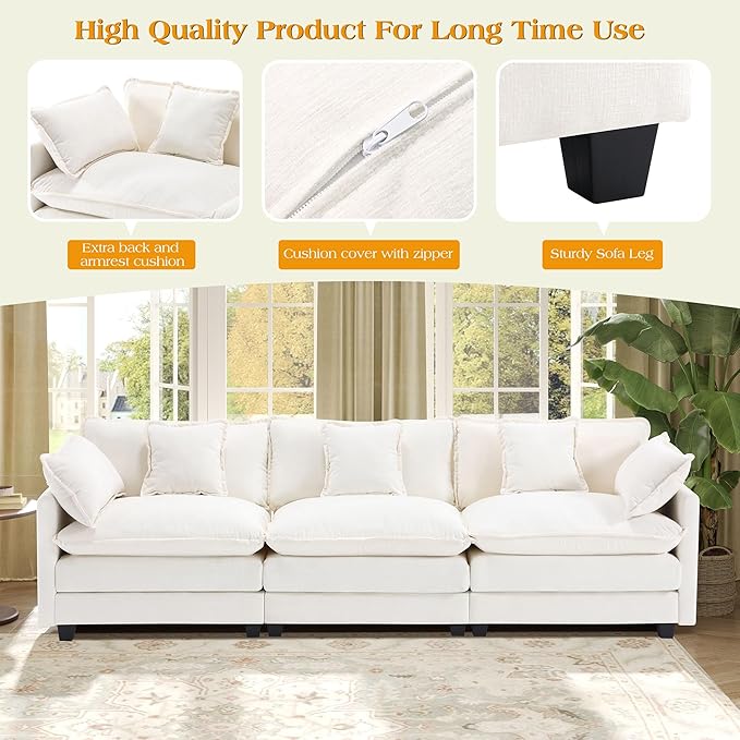 113.4" Modular Sectional Sofa,Cloud Couch for Living Room, Modern Deep Seat Sofa 3 Seater Chenille Fabric Comfy Couches with Throw Pillows for Apartment