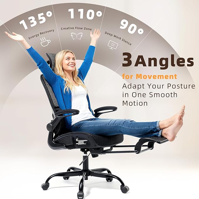 Ergonomic Office Chair, Adjustable High Back Desk Chair with Headrest Footrest 2D Lumbar Support - Executive Breathable Mesh Comfy Swivel Rolling Reclining Computer Task Chairs for Home Office Gaming