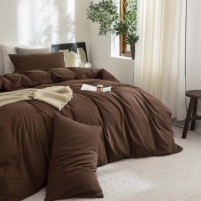 FOSSA Duvet Cover Set 100% Washed Cotton Linen Feel Super Soft Breathable Cozy 3 Pieces Bedding Sets Solid Cocoa Brown King
