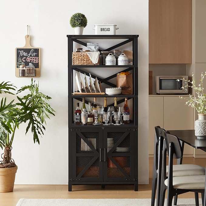 5 Tier Bookshelf 70" Tall Bookcase with Barn Doors,Large Farmhouse Display Book Shelf with Adjustable Shelves and Storage Cabinet，Library Wood Bookshelves for Living Room,Kitchen,Antique Black