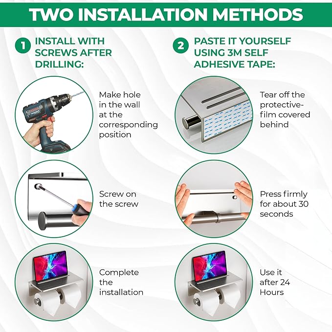 Toilet Paper Holder - Aluminium Double Roll Toilet Tissue Holder with Mobile Phone Shelf for Bathroom, 3M Self Adhesive No Drilling or Wall-Mounted, Rustproof Modern Style Brushed Nickel