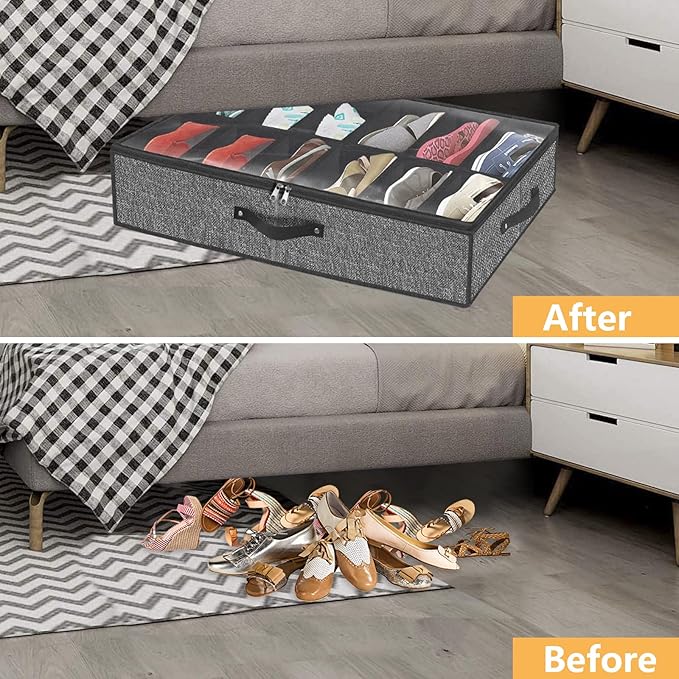 homyfort Under Bed Shoe Storage Organizer Fits 12 Pairs- Underbed Shoe Container Solution Shoes Box Bins with Clear Window for Sneakers,High Heels,Flip Flop(Black)