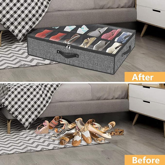 homyfort Under Bed Shoe Storage Organizer Fits 12 Pairs- Underbed Shoe Container Solution Shoes Box Bins with Clear Window for Sneakers,High Heels,Flip Flop(Black)