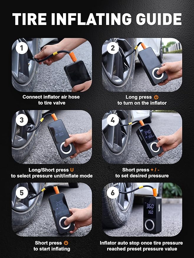 SMART JERRY - Tire Inflator Portable Air Compressor | Cordless Mini Bike Tire Pump with Gauge | Dual-Power Electric 12V Air Compressor for Auto, Motorcycles, Bikes, Balls | Fast Inflation Max 150 PSI