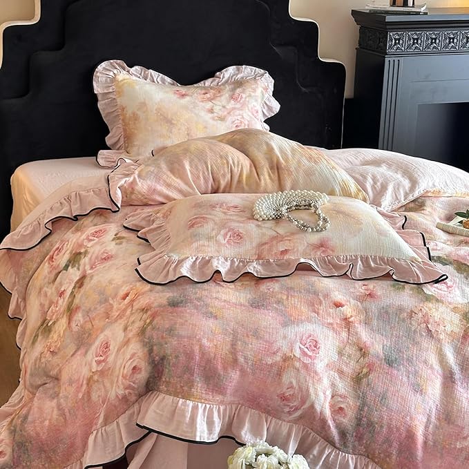 HighBuy Cottagecore Floral Linen Duvet Cover Queen for Hot Sleepers,Coquette Bedding Ruffle Duvet Cover Set Shabby Chic Yarn-Dyed Textured Bedding Set Breathable Durable Luxury with Zipper